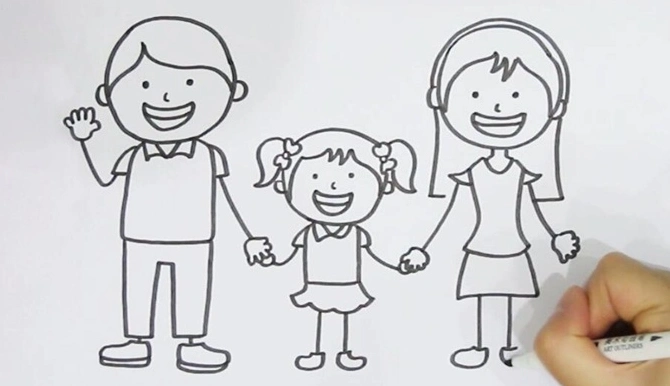 三人全家福简笔画步骤 家庭人物