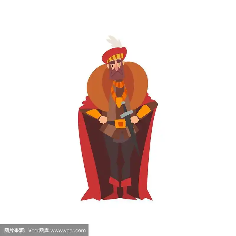 欧洲雄伟的贵族或国王,中世纪历史卡通人物在传统服装矢量插图