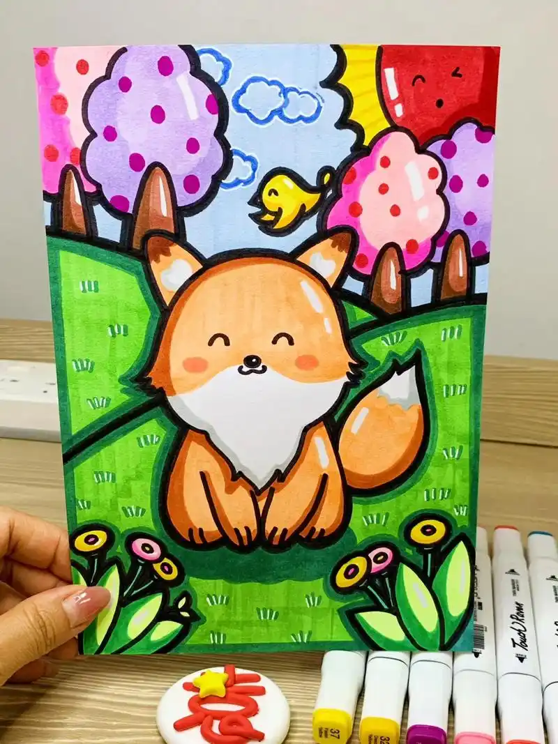 【小狐狸】图片马克笔手绘卡通儿童画附色号.#画画 #一起学画 - 抖音