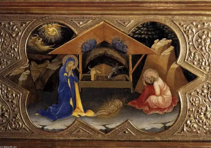 "耶稣诞生", 蛋彩画 通过 lorenzo monaco (1370-1425, italy)