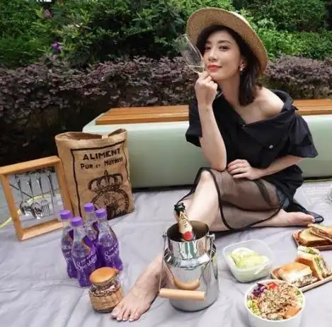 贾静雯吃野餐晒自拍,衬衣配网纱裙好高级,脚杵到面包上过分了!