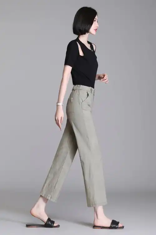 皮尔卡丹品牌高档女装棉麻直筒裤女九分春夏薄款高腰宽松显瘦亚麻休闲