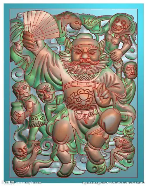 五鬼戏钟馗牌子挂件精雕图灰度图图片