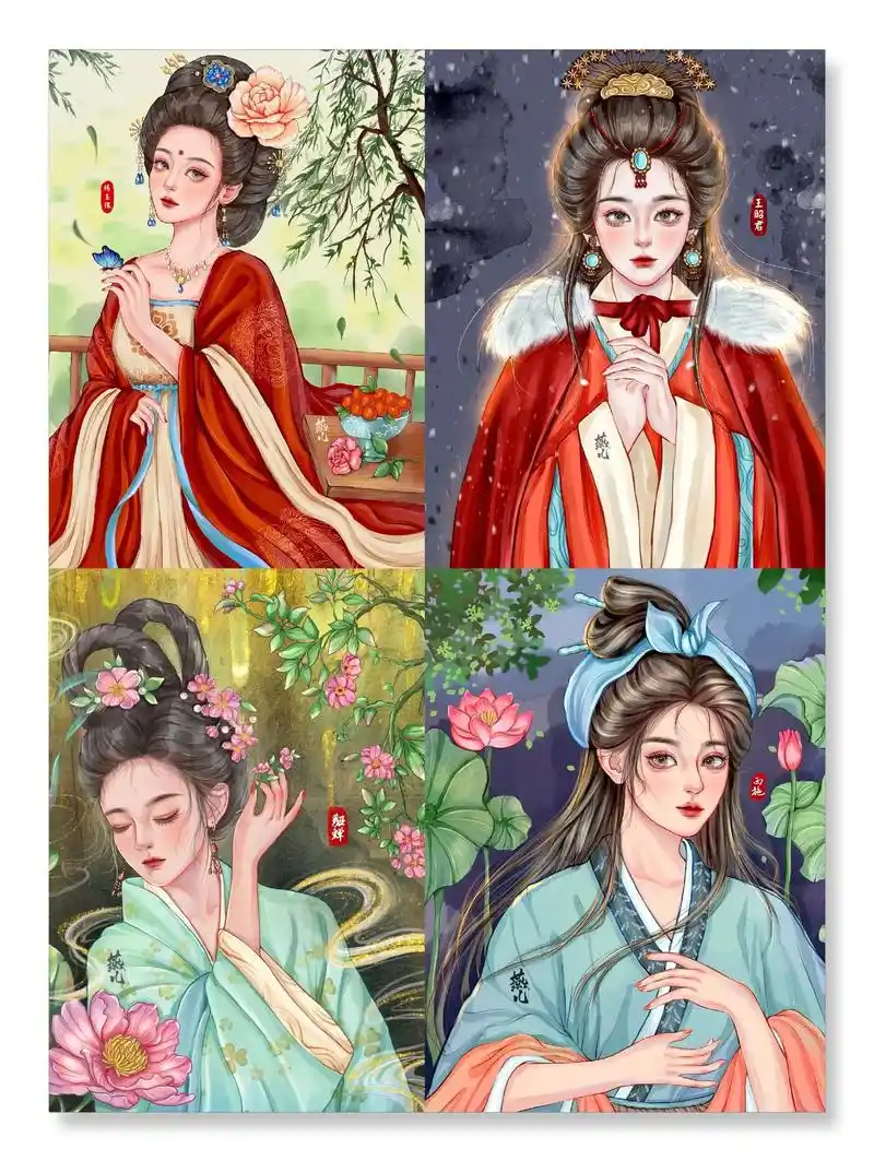 中国古代四大美女系列插画.#热点创作 近期创作的四大美女系列 - 抖音