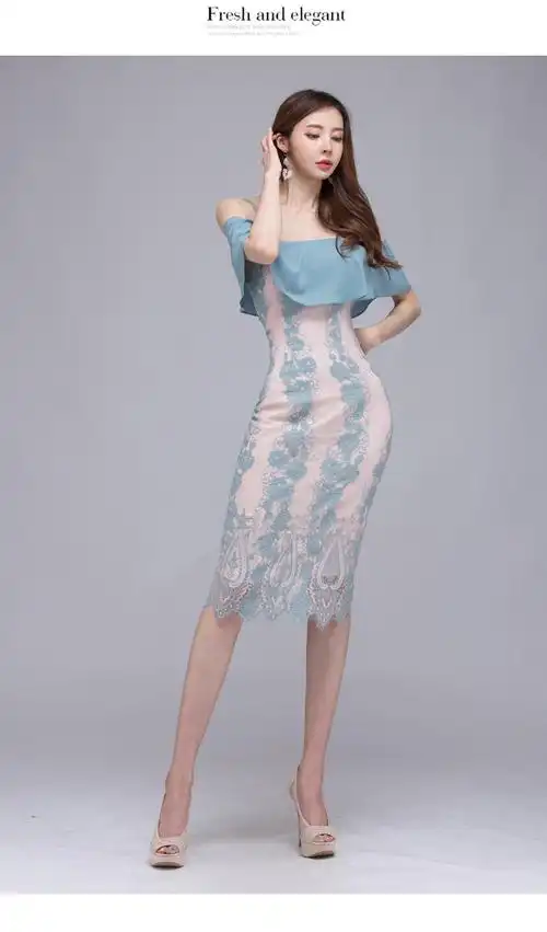 2020韩版吊带裸肩荷叶边拼接蕾丝修身高腰连衣裙