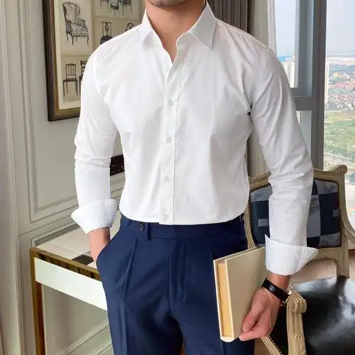 鹿三先生自制男士韩版修身白色长袖衬衫百搭兄弟团休闲衬衣英伦潮