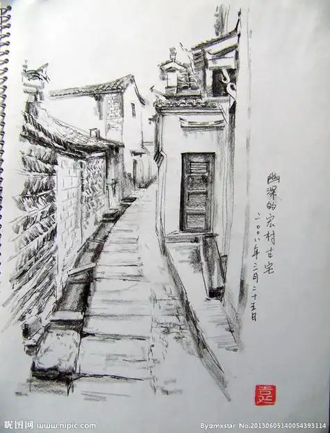 素描 风景画电子版中国风山水白描线稿图集工笔素描速写 风景绘画参考