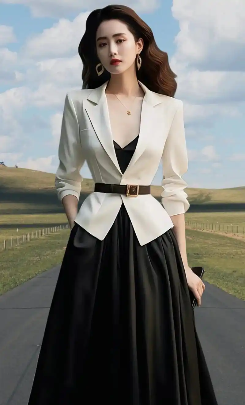 黑色吊带裙打底与简约有质感的白色西装完美搭配,收腰设计凸显身材