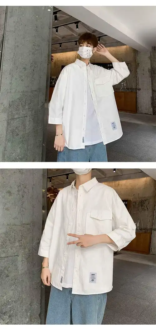 新款衬衫男宽松韩版chic港风工装衬衣外穿bf原宿风上衣七分袖 白色 m