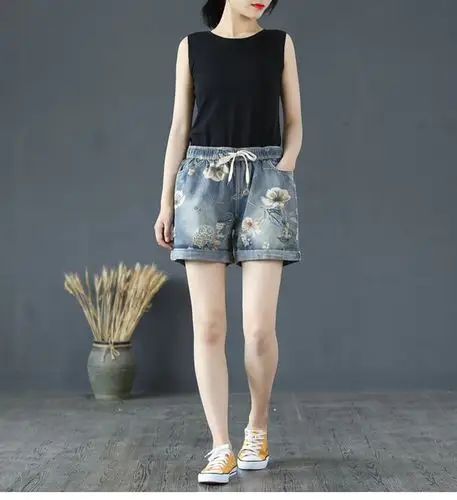 富贵鸟21年牛仔短裤女复古做旧新款夏宽松破洞印花卷边热裤衩子潮品牌