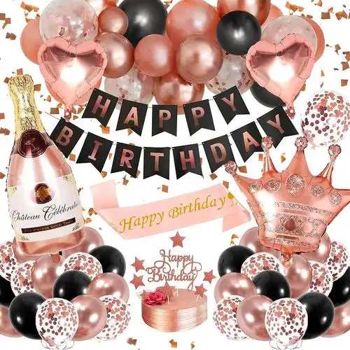 玫瑰金黑色生日快乐派对装饰气球套装女生生日横幅布置-阿里巴巴