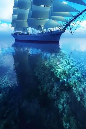 3d帆船蓝色的大海