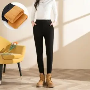 冬季女士羊毛加绒加厚保暖裤显瘦高腰棉裤防寒修身打底裤黑色大码