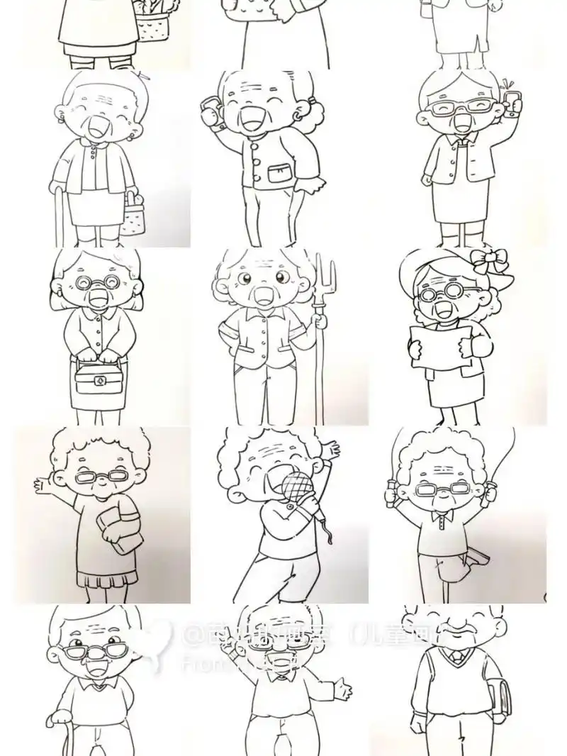 儿童画人物线稿之奶奶 素材群更新老人线稿 儿童画 幼师 简笔画教程