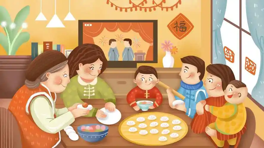 过年包饺子手绘插画