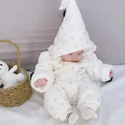 婴幼儿宝宝棉花手工闭裆包连体加厚哈衣爬服冬初生外出男女保暖连身衣