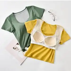 8084人付款淘宝带胸垫v领棉短袖t恤罩杯内衣一体半袖免文胸女夏睡衣