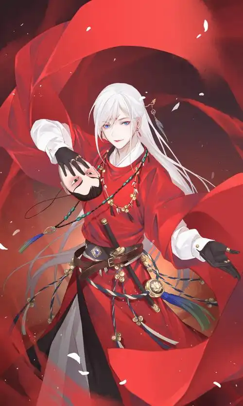 二次元 古风,红衣白发俊逸的动漫帅哥 手拿面具图片
