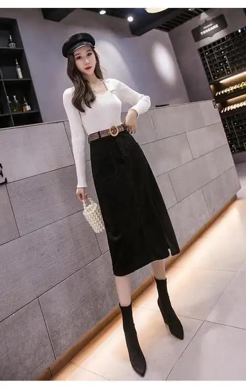 半身裙女2020秋冬中长款新款高腰显瘦包臀开叉一步裙 棕色 s