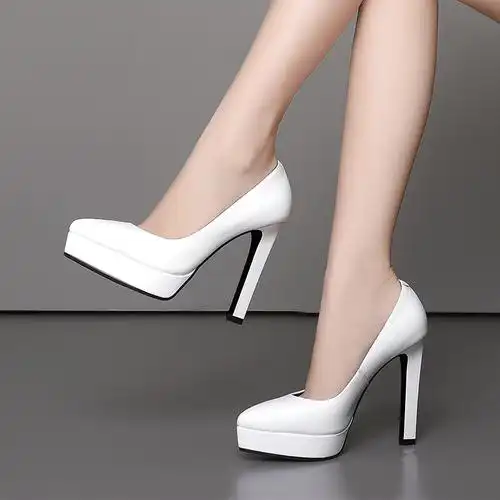 白色超高跟单鞋女真皮防水台新款尖头粗跟女鞋浅口性感恨天高12cm