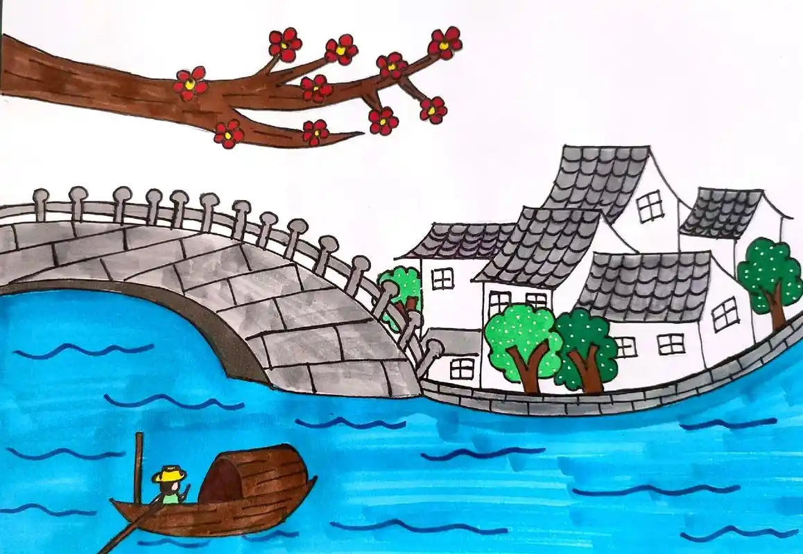 风景画#创意美术 #一起学画画 #江南小镇  - 抖音