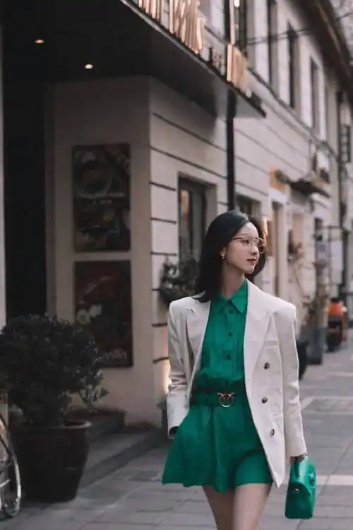 陈都灵戴眼镜更美了绿色连衣裙配白色西装人群之中很亮眼