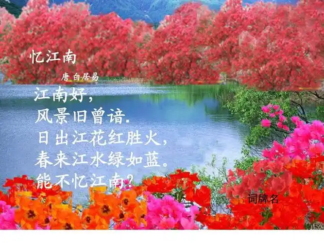 日出江花红胜火, 春来江水绿如蓝. 能不忆江南? 词牌名