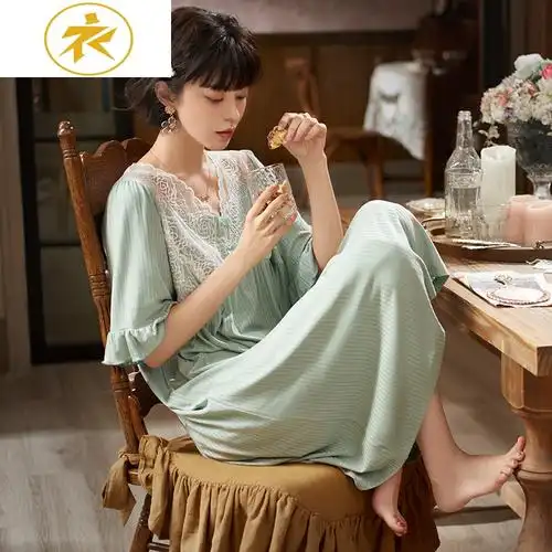 公主睡裙女夏季短袖莫代尔薄款性感蕾丝过膝中长款睡衣裙子睡衣参数