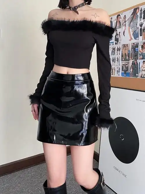 实拍 反光漆皮a字短裙半身裙 - 17网