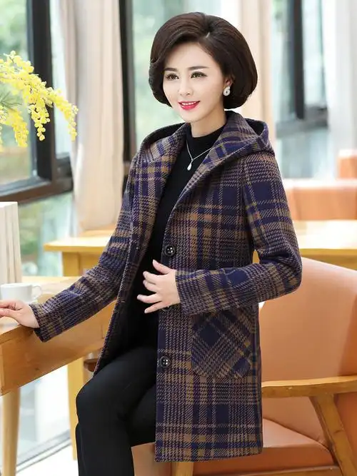 女士新款妈妈装秋装加棉毛呢外套中老年女装秋冬装中长款呢子大衣