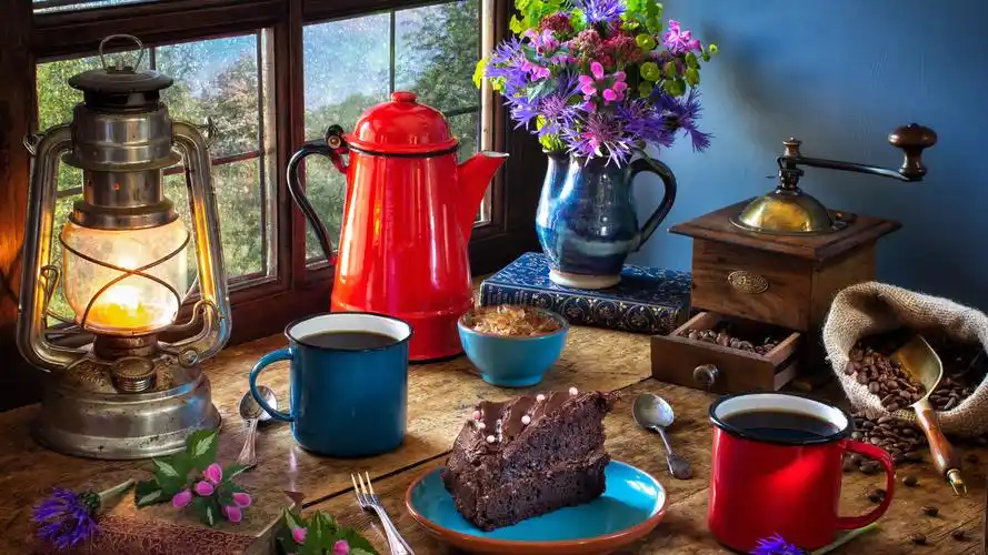 壁纸 静物,咖啡研磨机,蛋糕,灯,咖啡豆,杯子,窗口