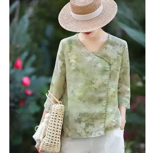 2020春夏新款棉麻女装 文艺印花手工刺绣女上衣 珠扣宽松旅行开衫