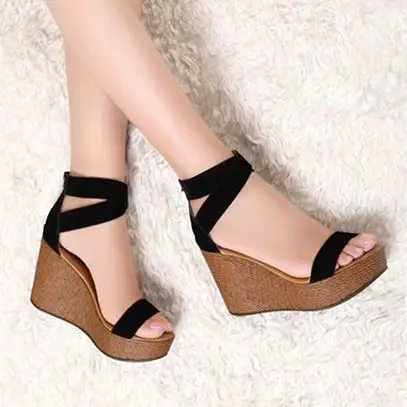 坡跟女凉鞋鞋子2016夏季新款坡跟黑色磨砂真皮女鞋高跟厚底凉鞋女