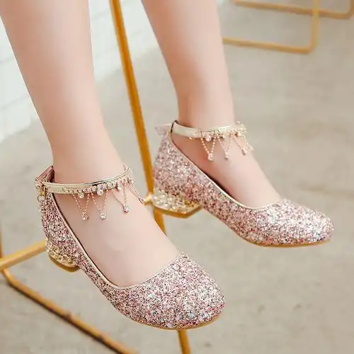 女童高跟鞋小女孩水晶鞋儿童软底公主演出比赛走秀小学生礼服皮鞋