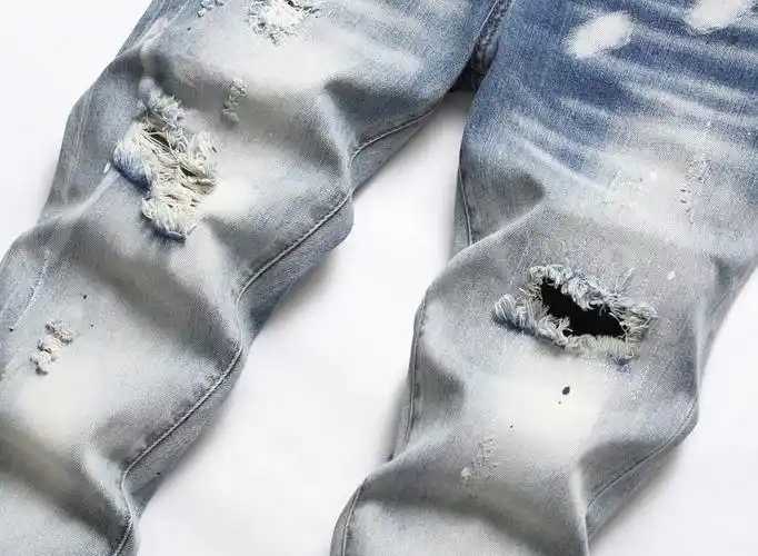欧美潮款渐变色破洞乱线补丁贴布泼彩墨手绘工艺修身弹力牛仔裤男