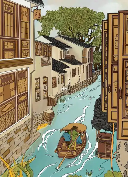 烟波风韵,尽绘江南91依据绍兴水乡相关照片绘出的插画,以水乡,江南