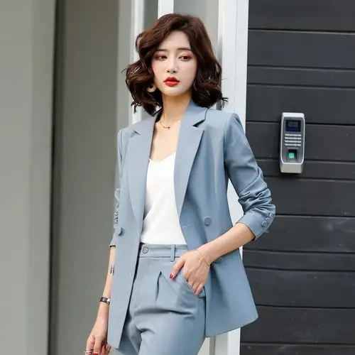 网红中袖西装套装女春秋时尚韩版总裁气质正装格子职业女装两件套