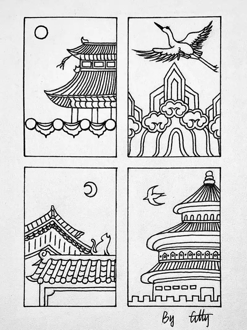 国风黑白简笔画8415(47)|故宫插画.