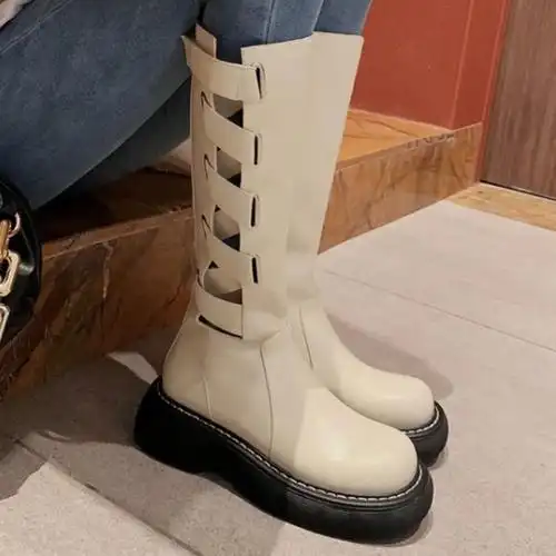 秋季女靴子新款平底单夏秋英伦风镂空长靴骑士靴长马丁靴厚底圆头百搭