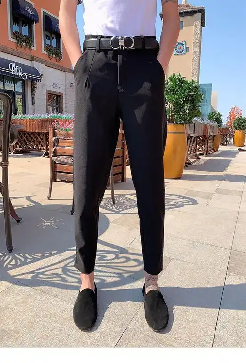 穿豆豆鞋搭配的裤子春季精神小伙九分裤男韩版修身小脚裤网红色休闲裤