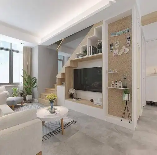 100平北欧风利用楼梯做客厅电视背景墙不仅好看还节省空间