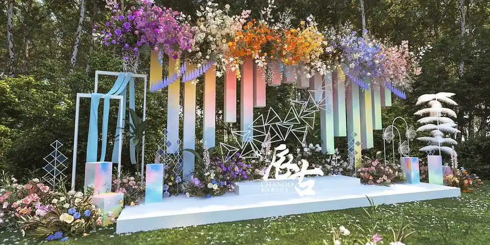 彩虹色户外草坪婚礼 3d婚礼效果图 |空间|舞台美术|辰古婚礼设计