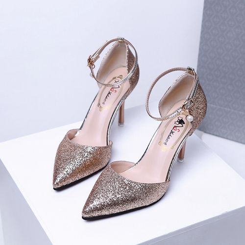 晚礼服高跟鞋女银色亮片伴娘鞋带钻中空细跟5-7cm宴会单鞋大学生