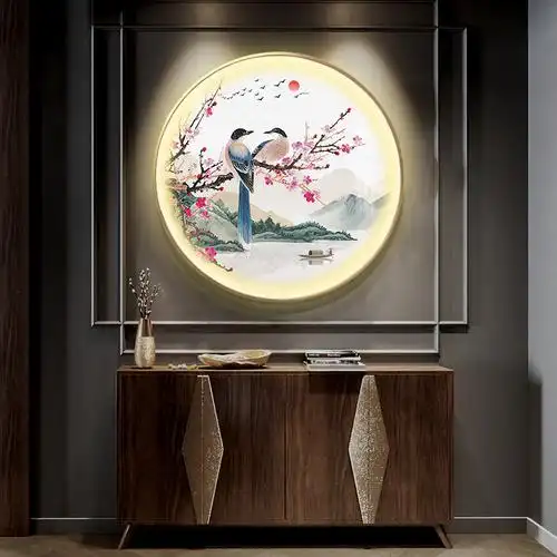 新中式圆形装饰画客厅背景墙挂画带灯入户玄关画走廊壁画鸟语花香
