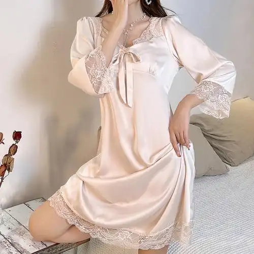 冰丝家居服睡衣七分丝绸睡裙仿真丝边蕾丝法式睡裙