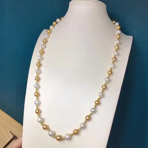 加长款天然珍珠满天星混彩毛衣链 8-9mm爱迪生白金撞色珍珠项链