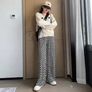 现货棋盘格裤子女春秋高腰显瘦休闲直筒裤宽松黑白格子阔腿裤图片