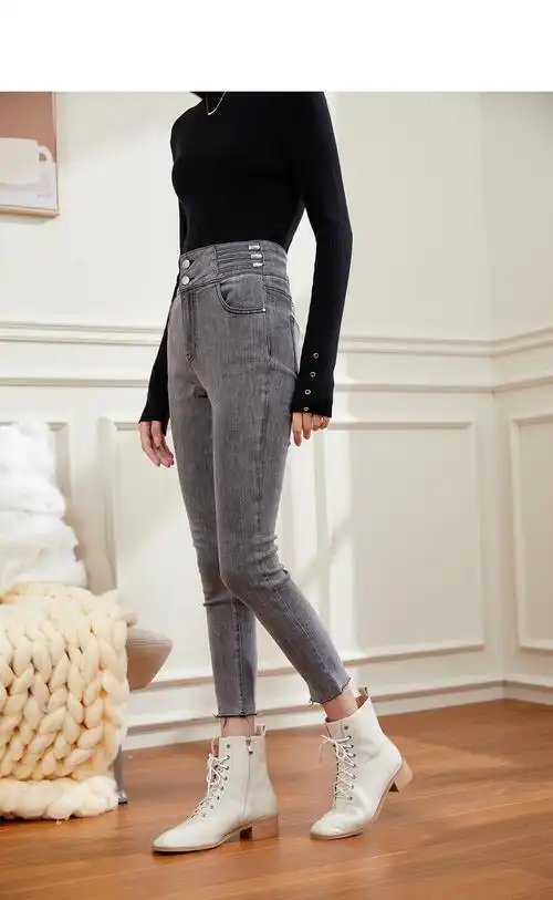 秋水伊人牛仔裤2021冬季新款女装复古潮流小脚裤 中灰 l