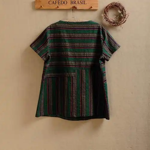 2017粗棉麻面料t恤女 大码宽松拼接条纹老粗布民族风亚麻女式t恤