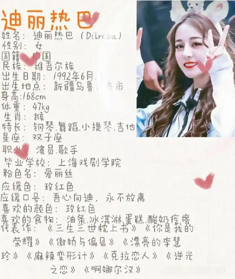 迪丽热巴个人资料来咯.